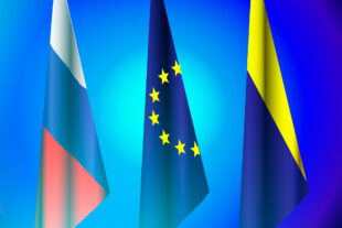 3 flags: Russia, the EU and the Ukraine.